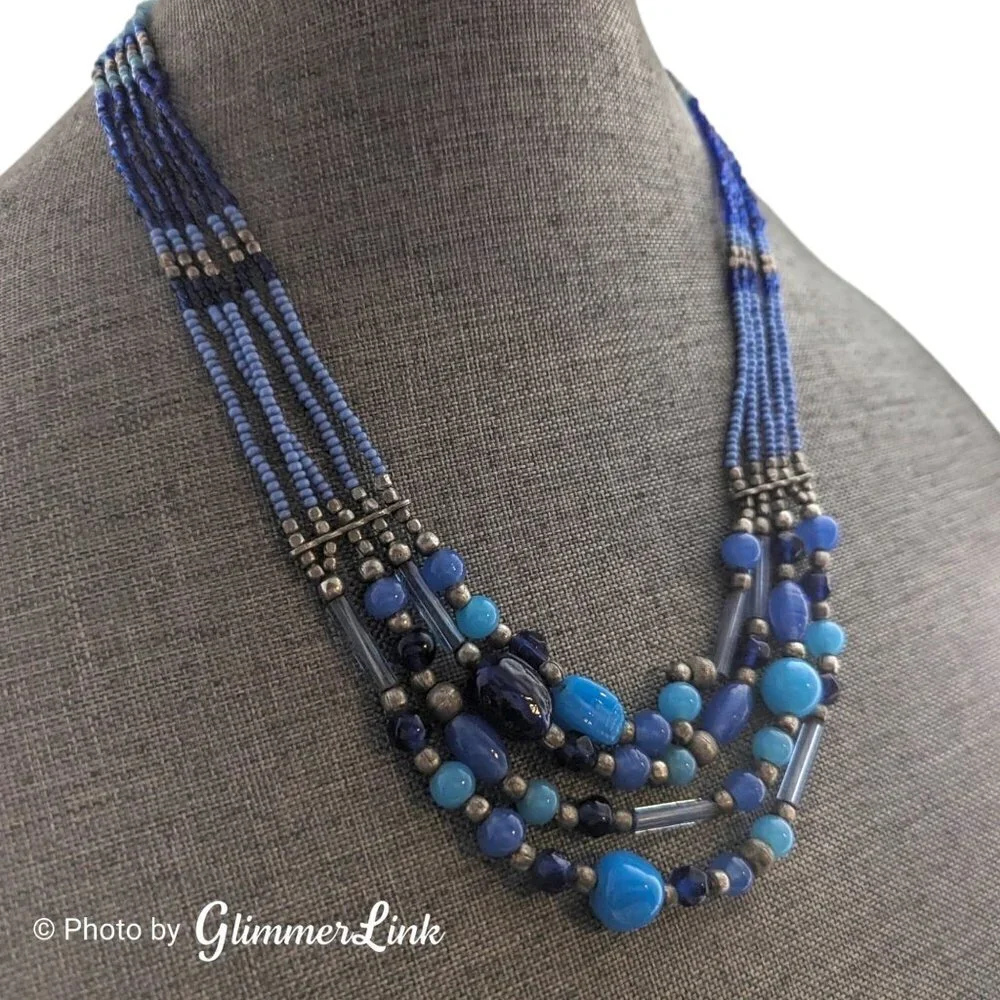 Boho Multi Strand Blue & Silver Tone Seed Bead Artsy Layered Necklace